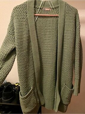SO Olive Green Open Knit Cardigan with Pockets, Soft & Casual Everyday Cardigan